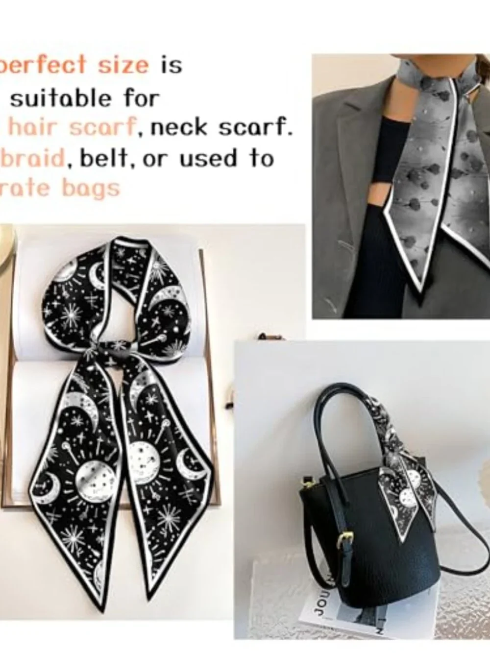 2 Pcs Satin Hair Scarf Silk Feeling Long Neck Tie Headband Handbag Decoration